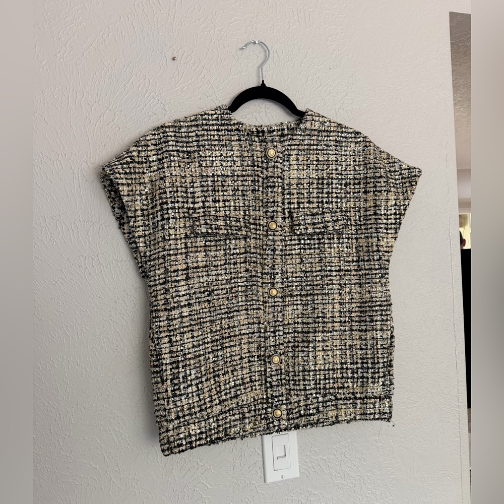 Zara collection black gold sequin tweed button down short sleeve blouse XS S - Picture 4 of 10